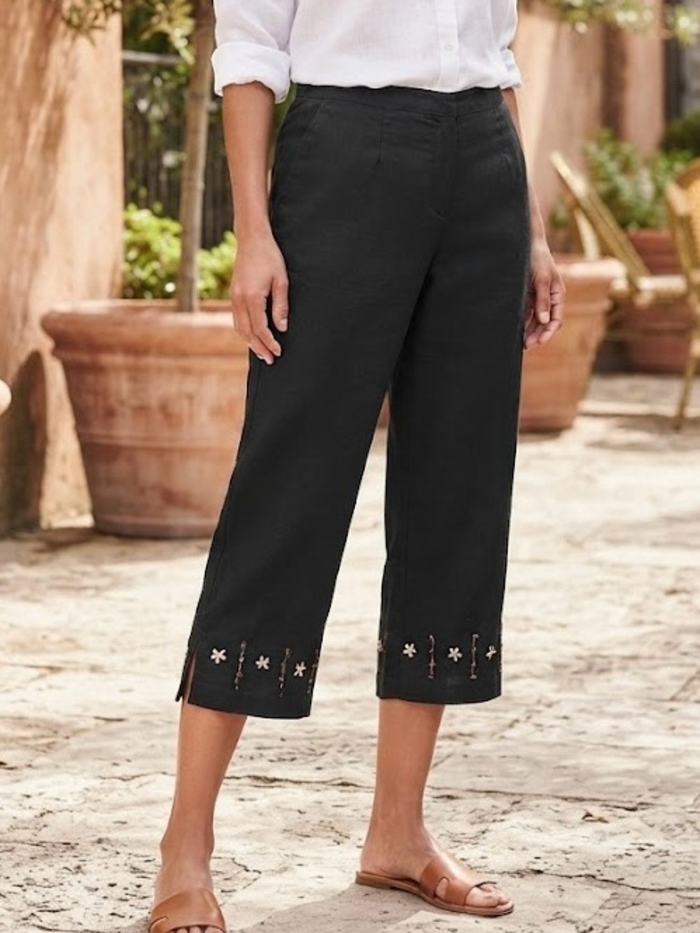 Alfred Dunner Black Linen Blend Embroidered Beaded Crop Pants Boho Peasant 18W